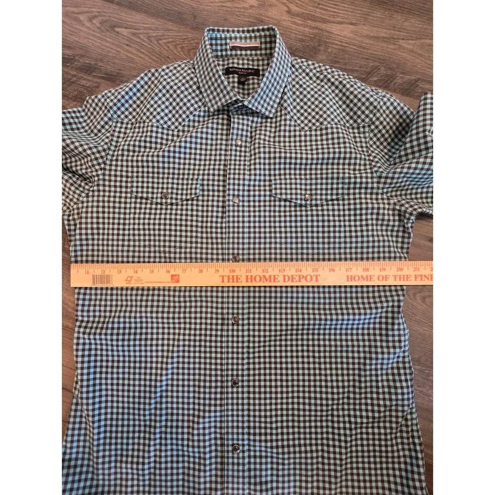 Men's‎ sz M Banana Republic Slim Fit Western Gingham Snap Front Shirt Blue Brown